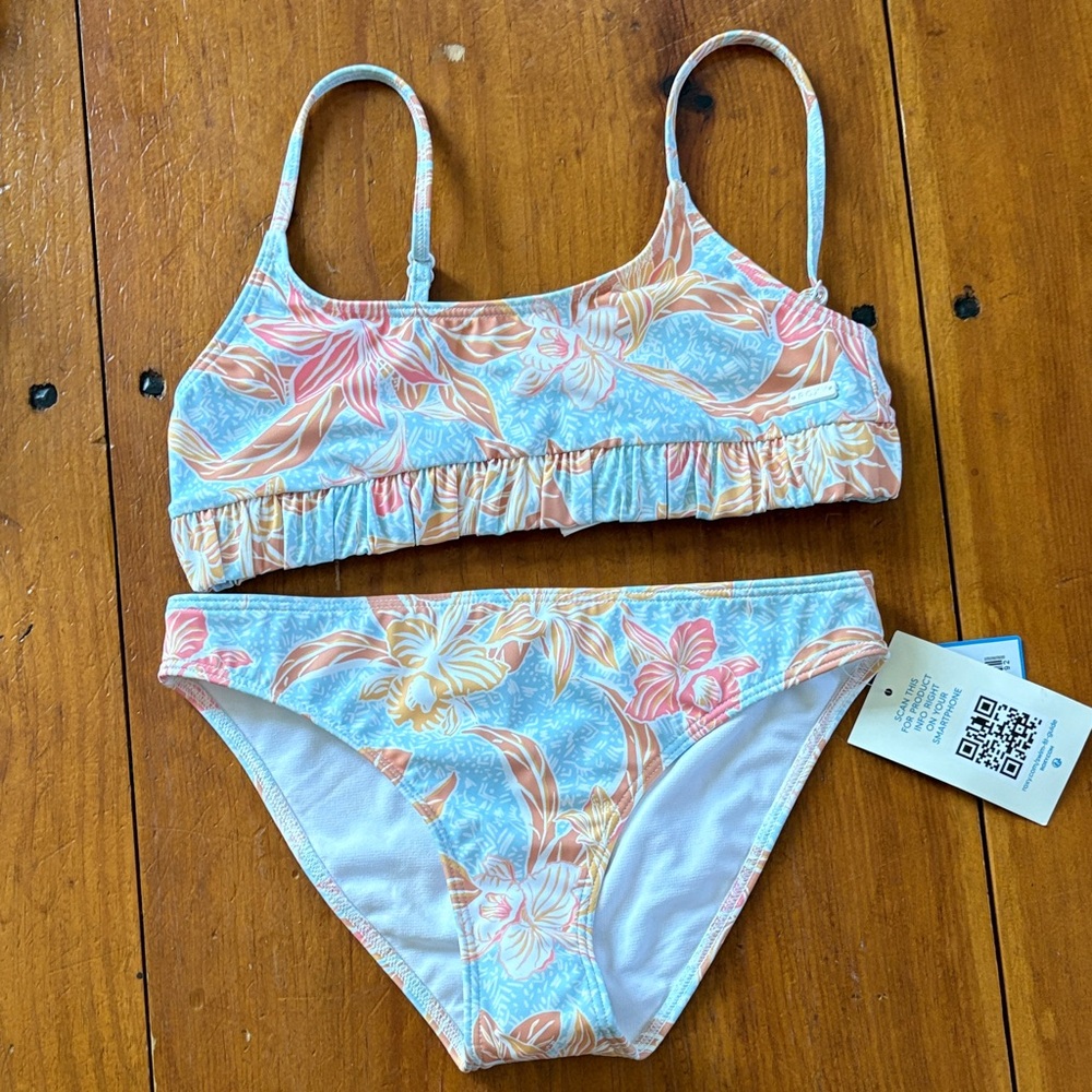 Roxy Girls Light Blue, Peach & Cream Floral Bikini Set
